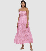 LACE BUSTIER MIDI DRESS IN CANDY PINK