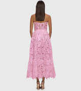 LACE BUSTIER MIDI DRESS IN CANDY PINK