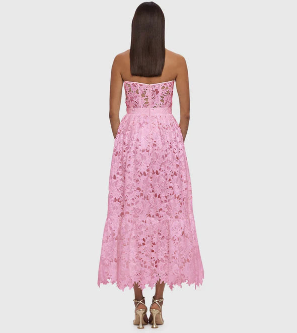 LACE BUSTIER MIDI DRESS IN CANDY PINK