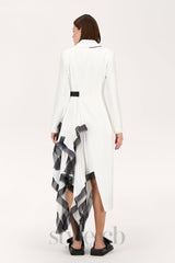 Asymmetric pleated ruffle trim blazer dress in white