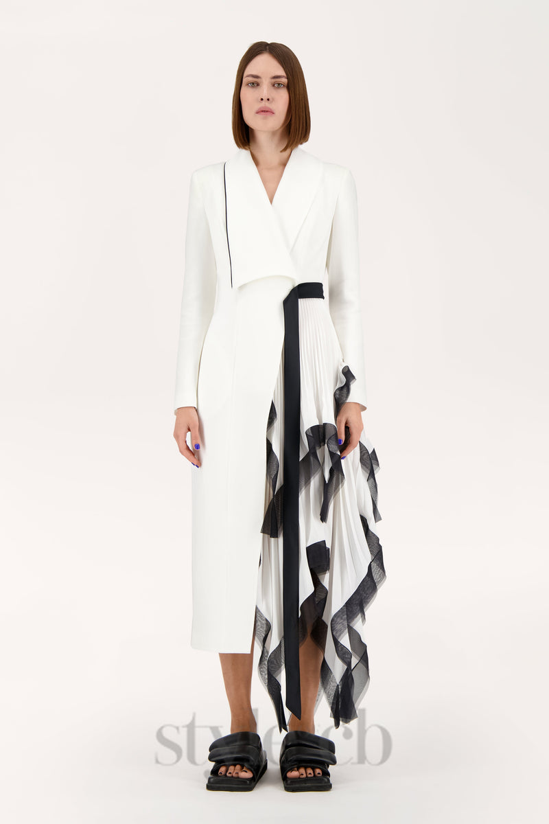 Asymmetric pleated ruffle trim blazer dress in white