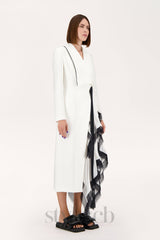 Asymmetric pleated ruffle trim blazer dress in white