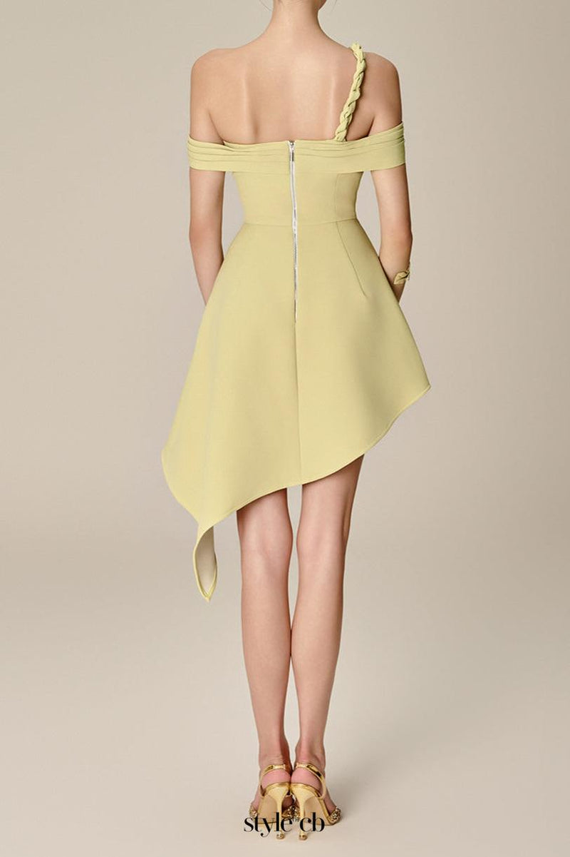 anila Asymmetric Off-Shoulder Mini Dress in Nuggets Green