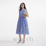 FANNY CUT-OUT LACE EMBROIDERY MIDI DRESS IN BLUE