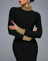 YVONNE LONG SLEEVE GOLD BEAD BANDAGE MIDI DRESS IN BLACK