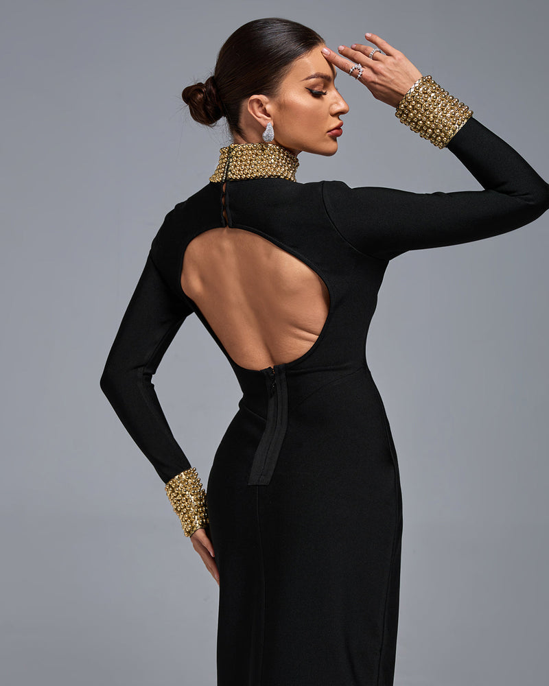 YVONNE LONG SLEEVE GOLD BEAD BANDAGE MIDI DRESS IN BLACK