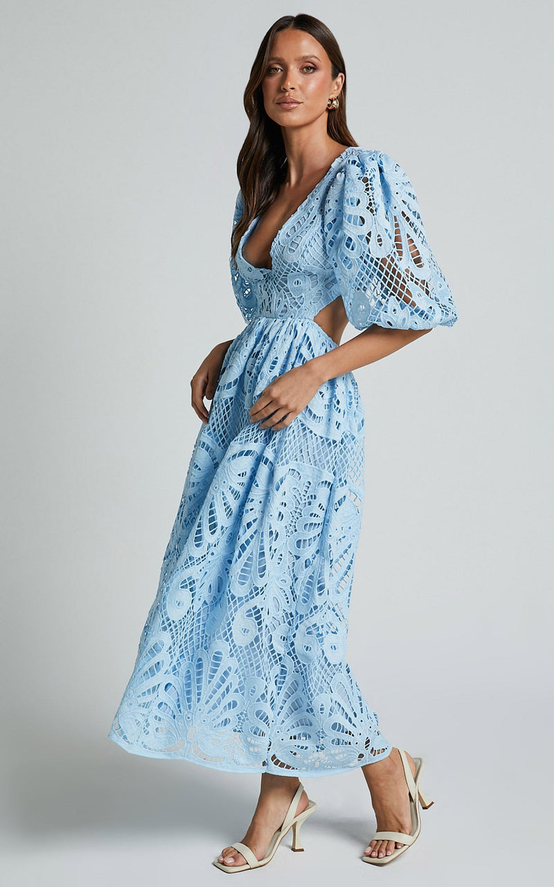 V Neck Cut Out Lace Midi Dress