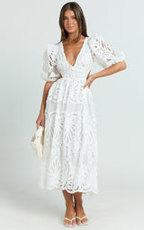 V Neck Cut Out Lace Midi Dress