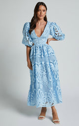V Neck Cut Out Lace Midi Dress
