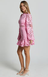 Long Puff Sleeve Lace Mini Dress