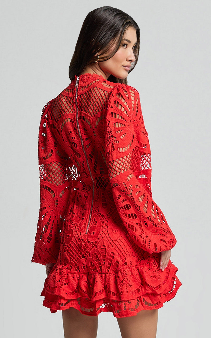 Long Puff Sleeve Lace Mini Dress