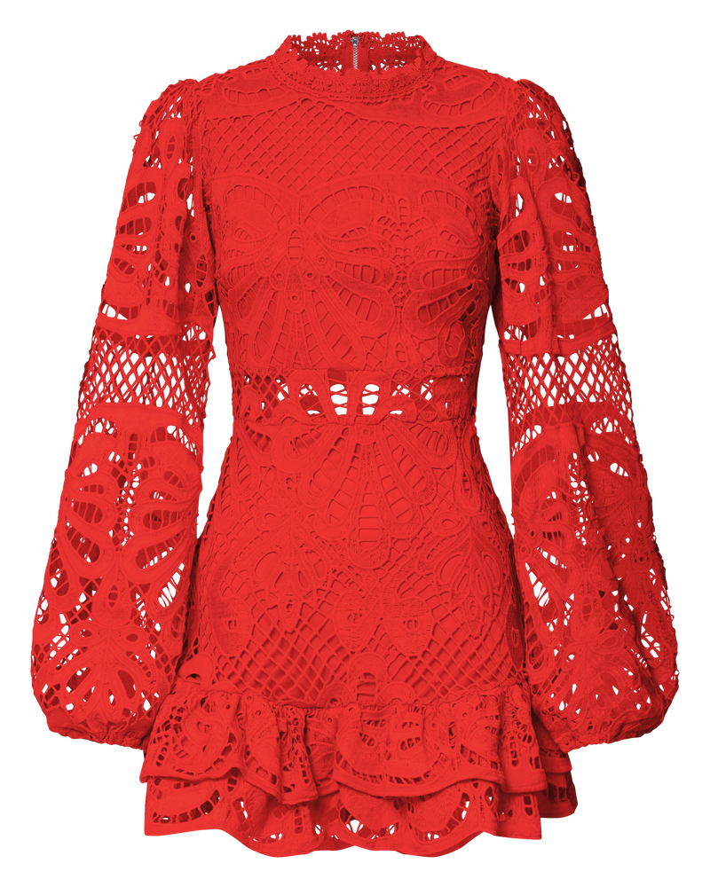 Long Puff Sleeve Lace Mini Dress