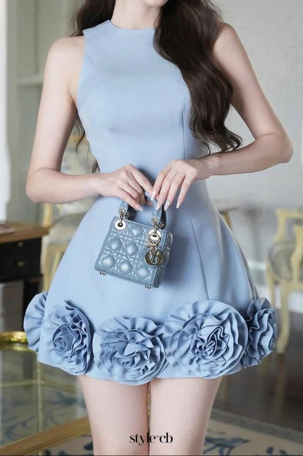 janice 3d flower sleeveless mini dress in blue