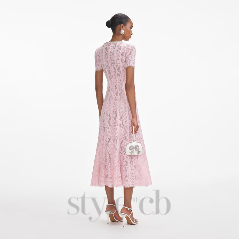 Sequin Floral Lace Midi Dress in pink