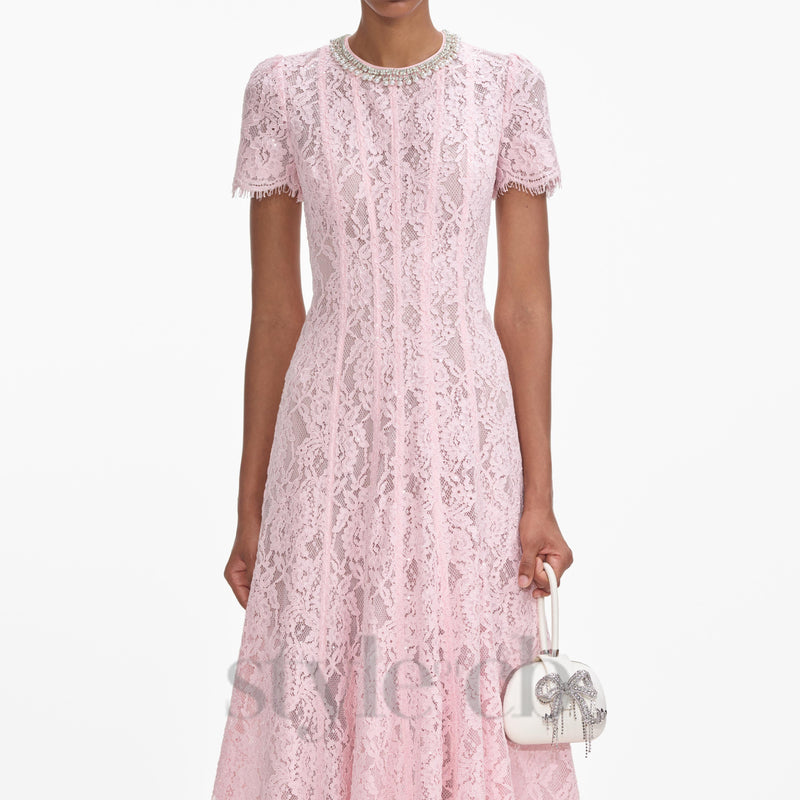 Sequin Floral Lace Midi Dress in pink