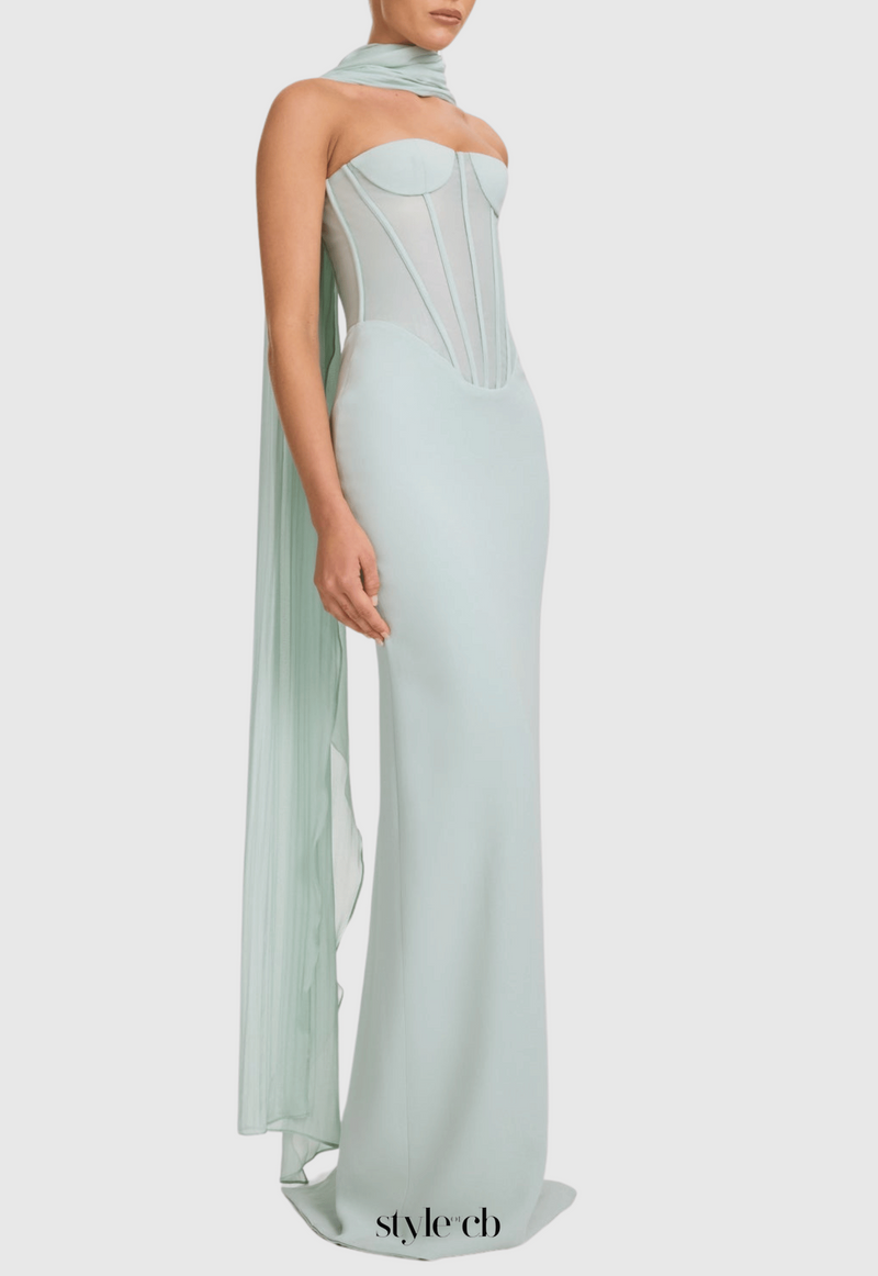 anna Strapless  Mesh Scarf Corset Maxi Dress in green