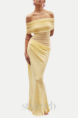 Reanko Off Shoulder Ruched Mesh Maxi Dress - Yellow