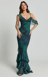 Asymmetric Ruffle Detail Maxi Dress in Moss Adeana