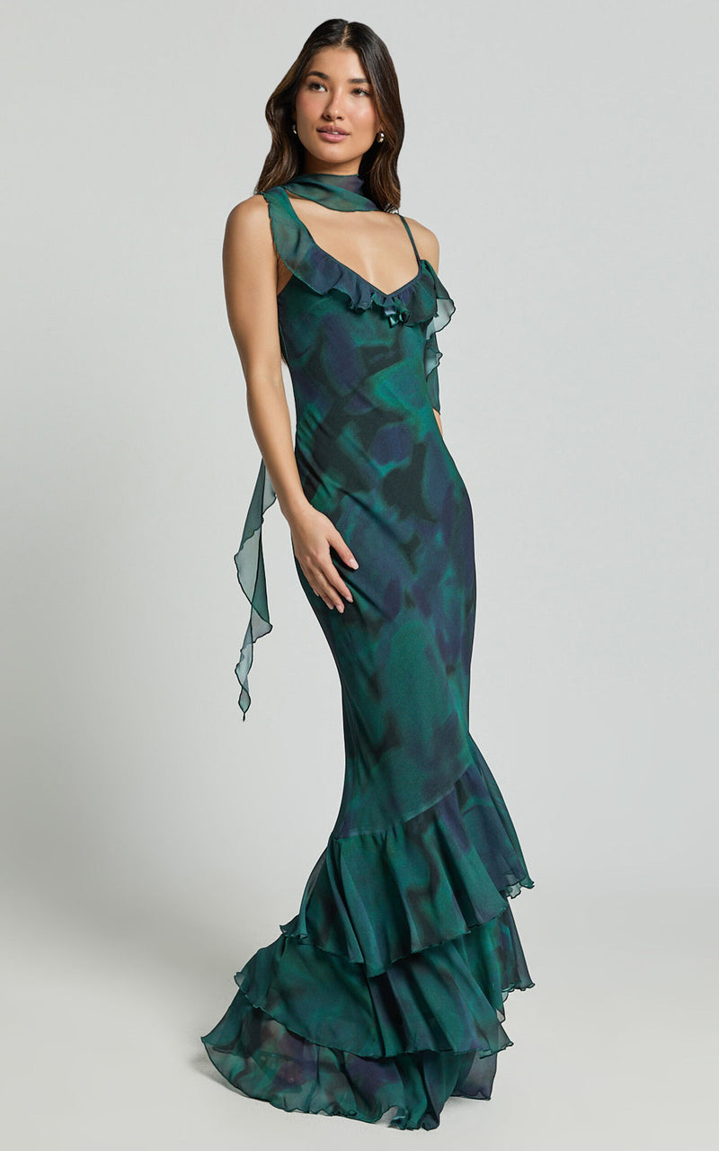 Asymmetric Ruffle Detail Maxi Dress in Moss Adeana