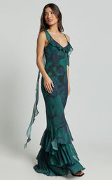 Asymmetric Ruffle Detail Maxi Dress in Moss Adeana