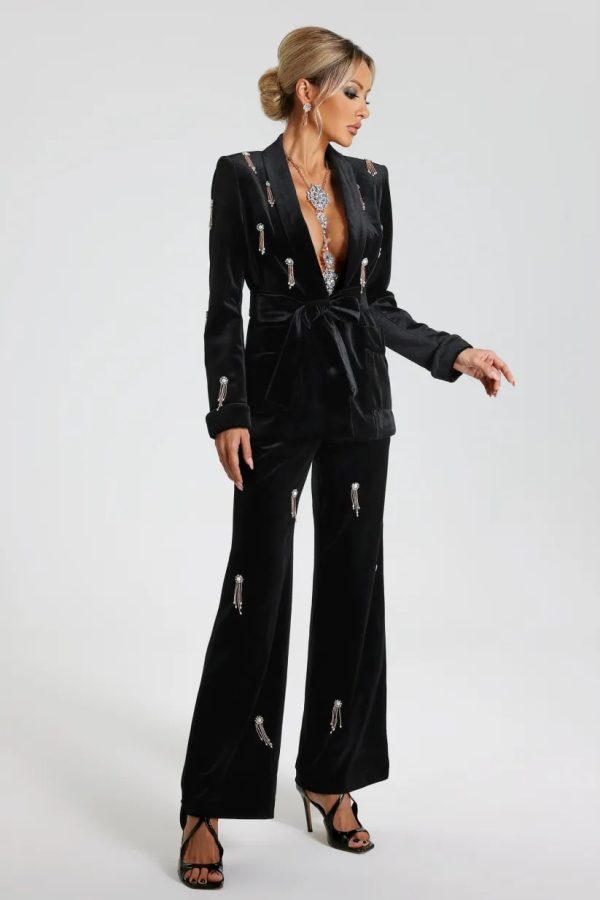 Velvet Diamond embellished blazer 2 Piece in black