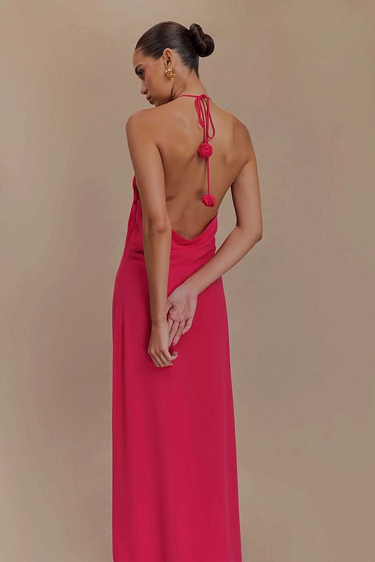 Floral halterneck high collar maxi dress in Rose Pink