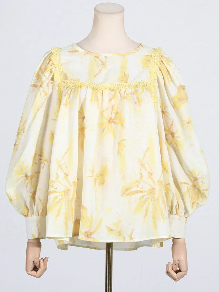 MABEL LAYER TRIM PRINT LANTERN SLEEVE MINI DRESS IN YELLOW