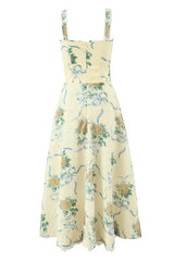 daphne Floral Print Sweetheart Midi Dress in yellow