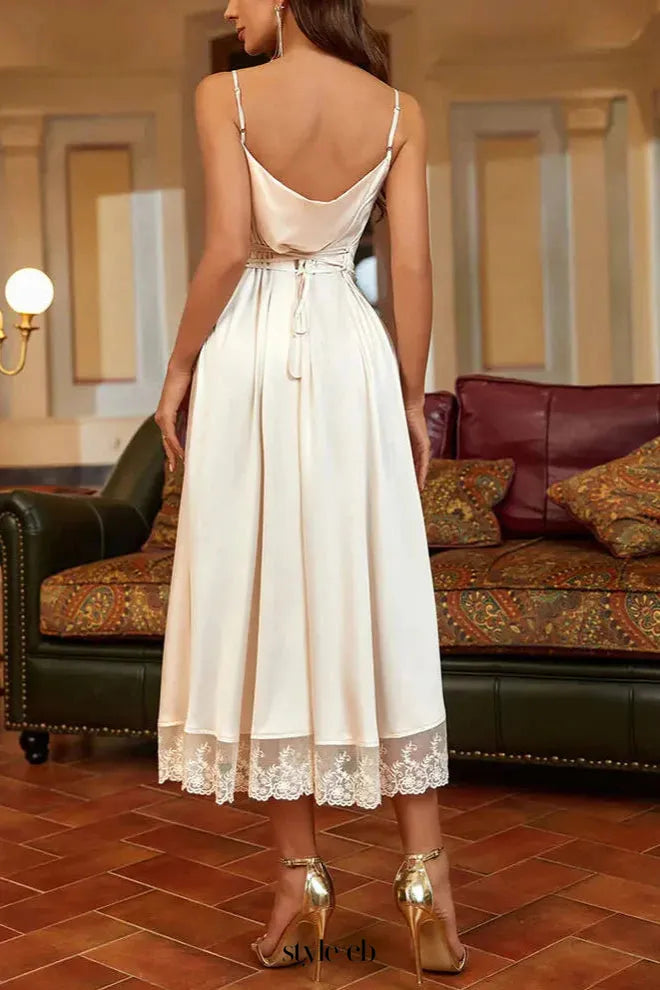 Satin lace panelled suspender midi dress in white