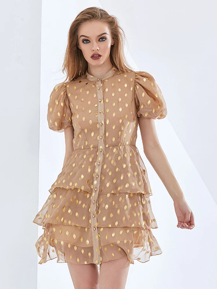 polka Dot Layered Print Mini Dress in kahki