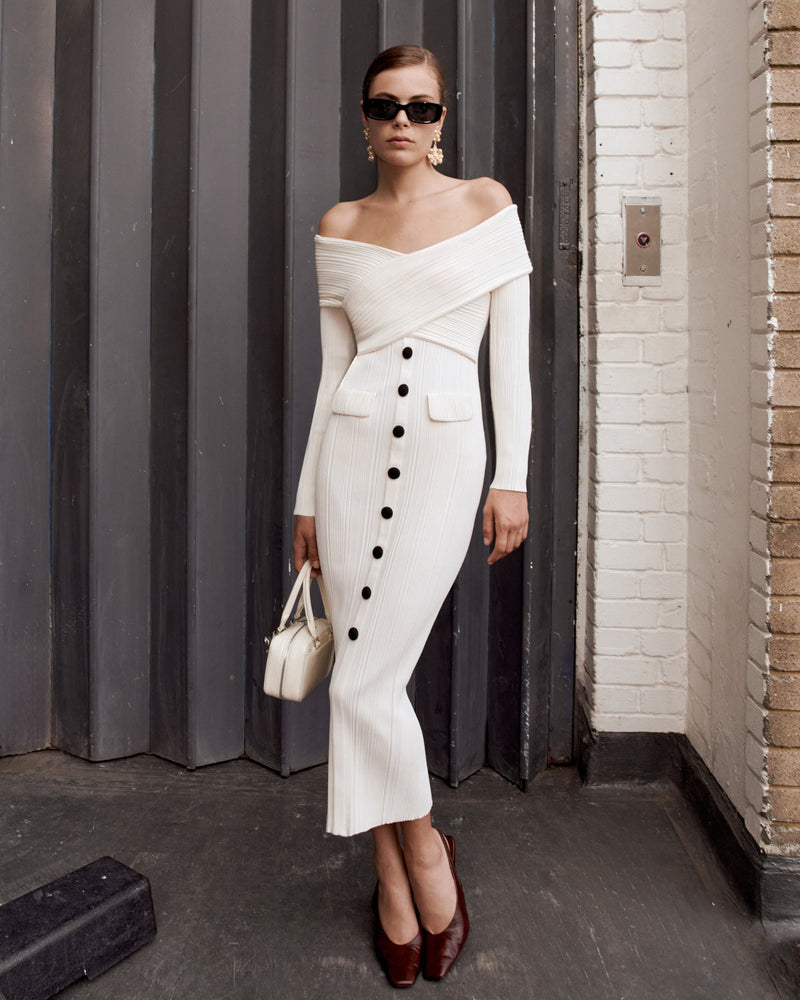 penny Off Shoulder Knit Midi Dress in Cream