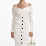 penny Off Shoulder Knit Midi Dress in Cream