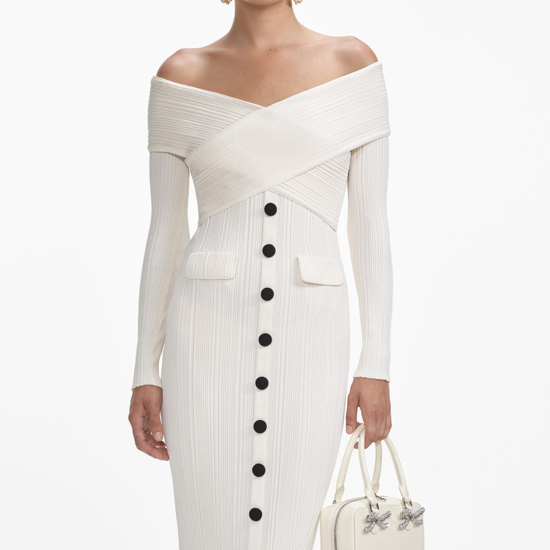 penny Off Shoulder Knit Midi Dress in Cream