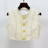 LION BUTTON FRINGED TWEED STAND COLLAR JACKET