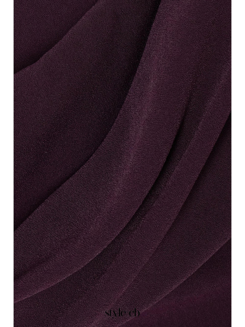 draped off-the-shoulder crepe maxi dress in burgundy