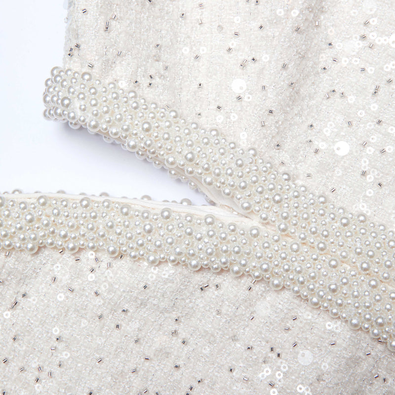 cut out cream boucle pearl mini dress