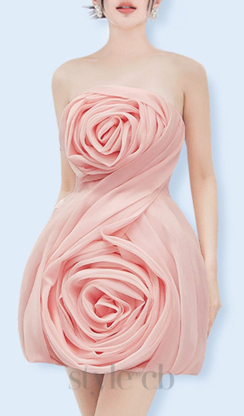 STRAPLESS 3D FLOWER MINI DRESS IN PINK