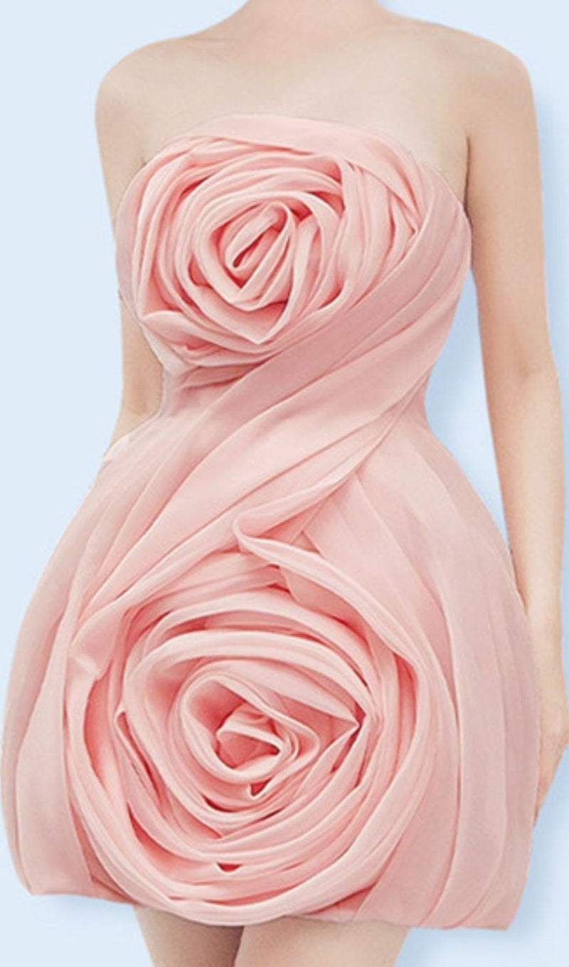 STRAPLESS 3D FLOWER MINI DRESS IN PINK