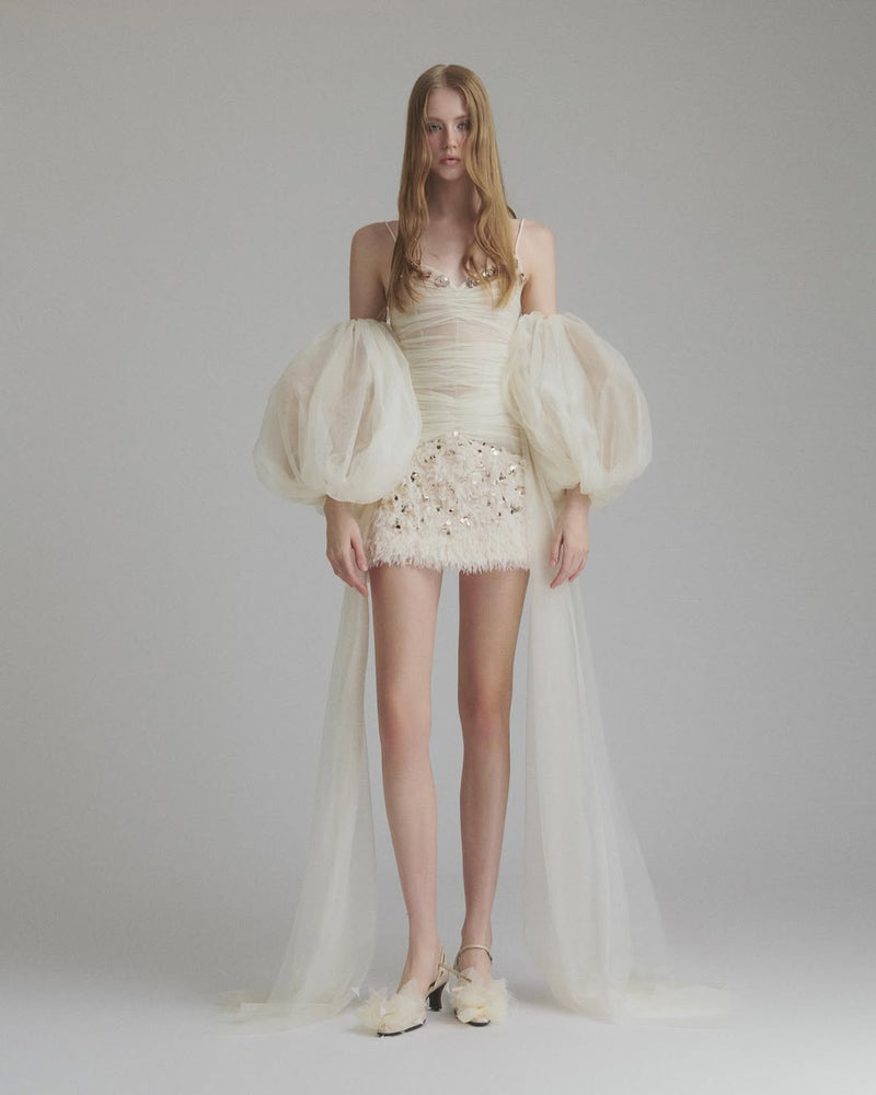 Sequined embellished organza mini dress in white