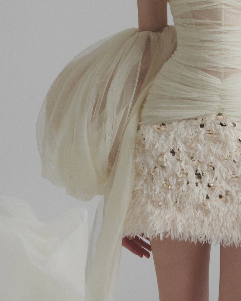 Sequined embellished organza mini dress in white