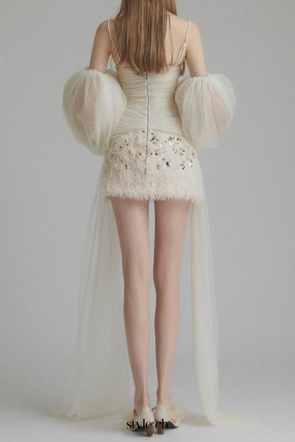 Sequined embellished organza mini dress in white