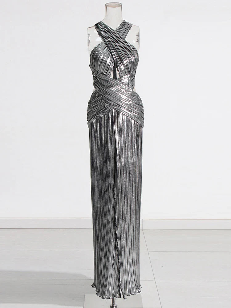 ELSA METALLIC CRISS CROSS HALTER NECK GOWN