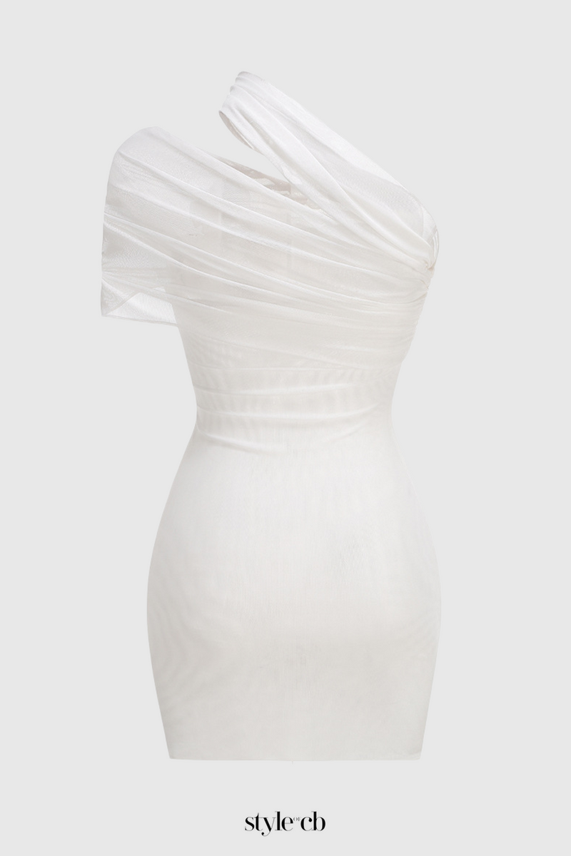 hazel One Shoulder Floral Mesh Ruched Mini Dress in white