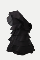 Shelyn Flower One Shoulder Ruffle Mini Dress In Black