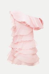 Shelyn Flower One Shoulder Ruffle Mini Dress - Pink