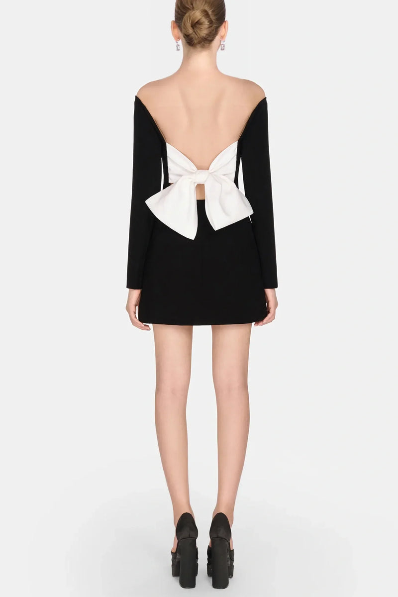 Off Shoulder Bow Embeliished Backless Mini Dress
