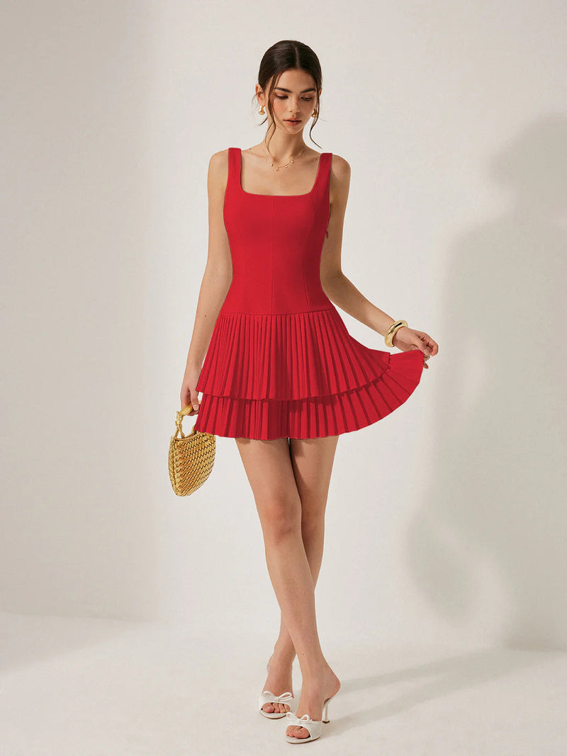 Square Neck Pleated layered mini Dress