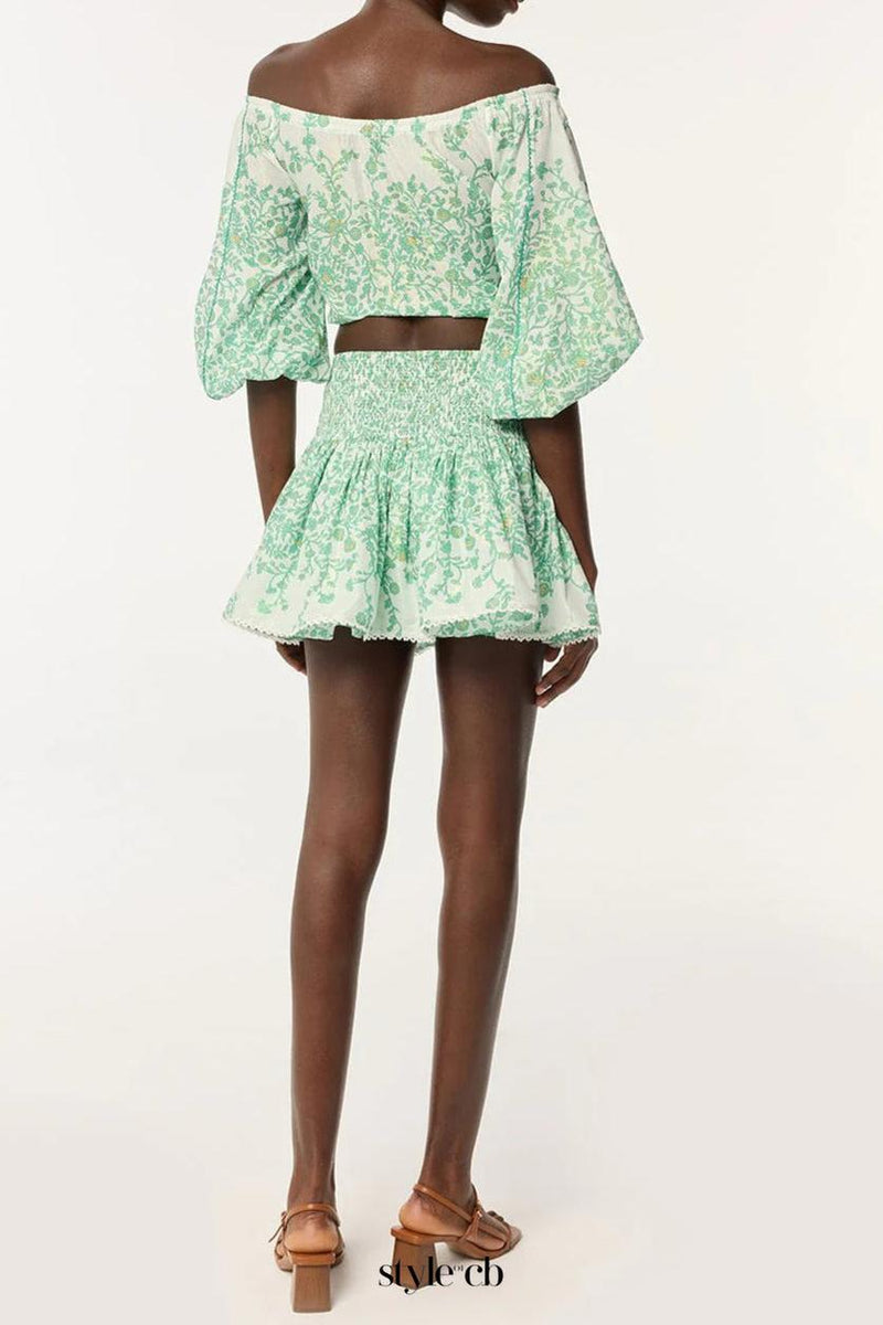 OFF-SHOULDER FLORAL PRINT MINI SKIRT SET IN GREEN