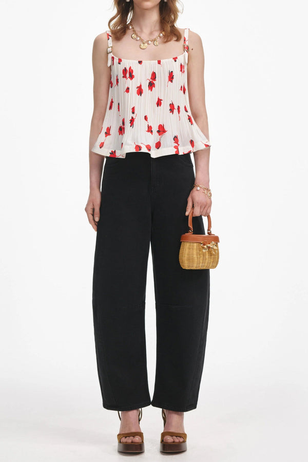 White Floral Plisse Top