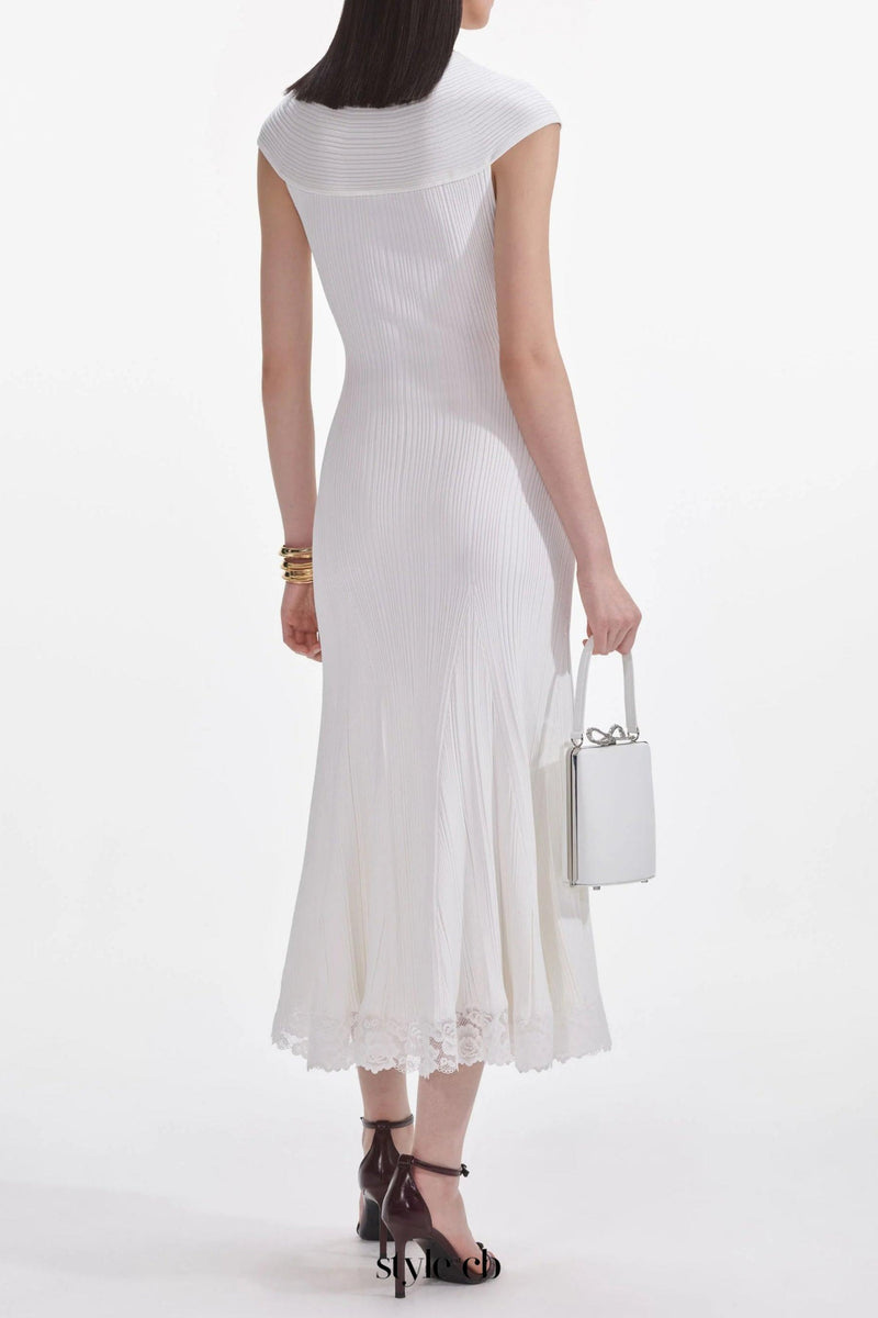 White Knit Lace Insert Midi Dress